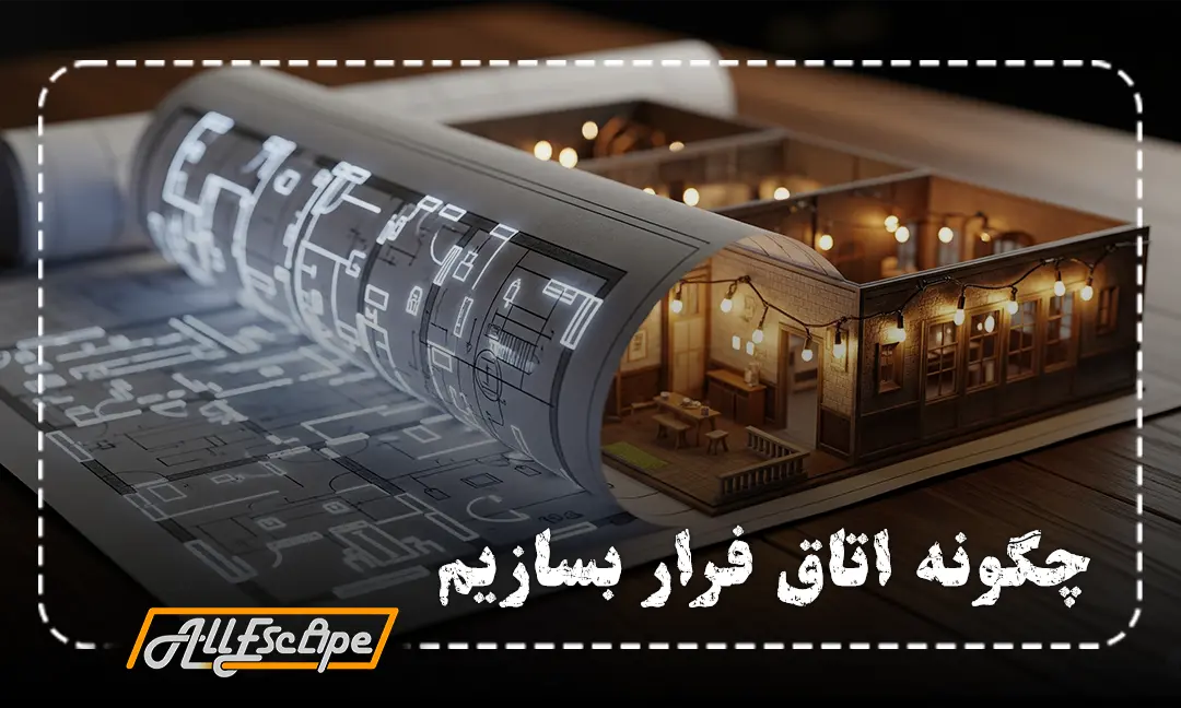 نقشه راهنمای ساخت اتاق فرار که به صورت سه بعدی از روی کاغذ بلند شده و مراحل ساخت را نشان می‌دهد