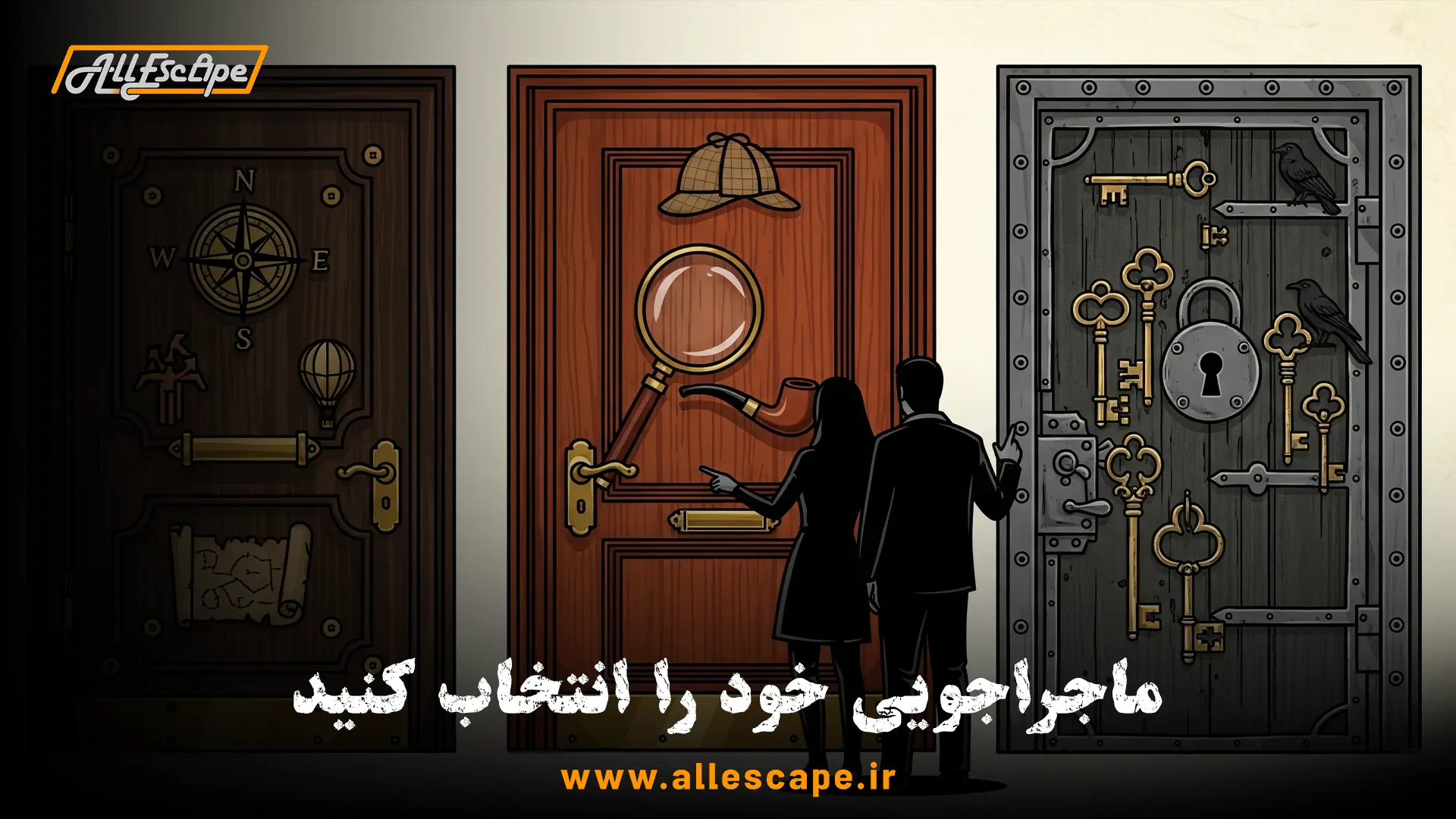 یک زوج در حال انتخاب سناریوی اتاق فرار برای سالگرد خود از بین سه در با تم‌های ماجراجویی، کارآگاهی و معمایی.