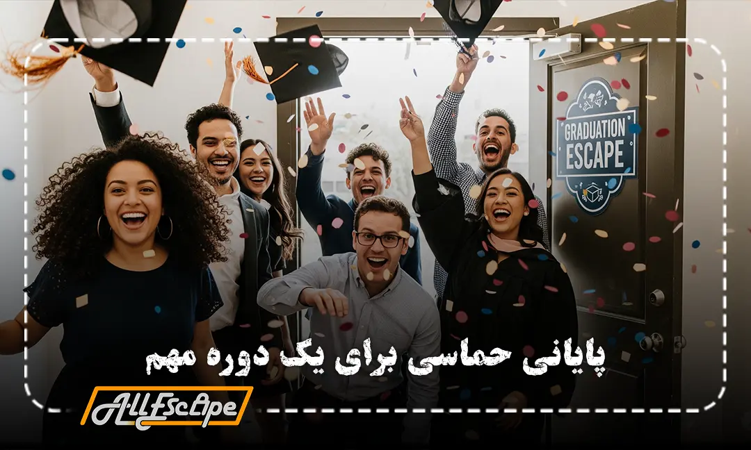 گروهی از فارغ‌التحصیلان شاد در حال پرتاب کردن کلاه‌های خود پس از اتمام موفقیت‌آمیز بازی در جشن فارغ‌التحصیلی در اتاق فرار.