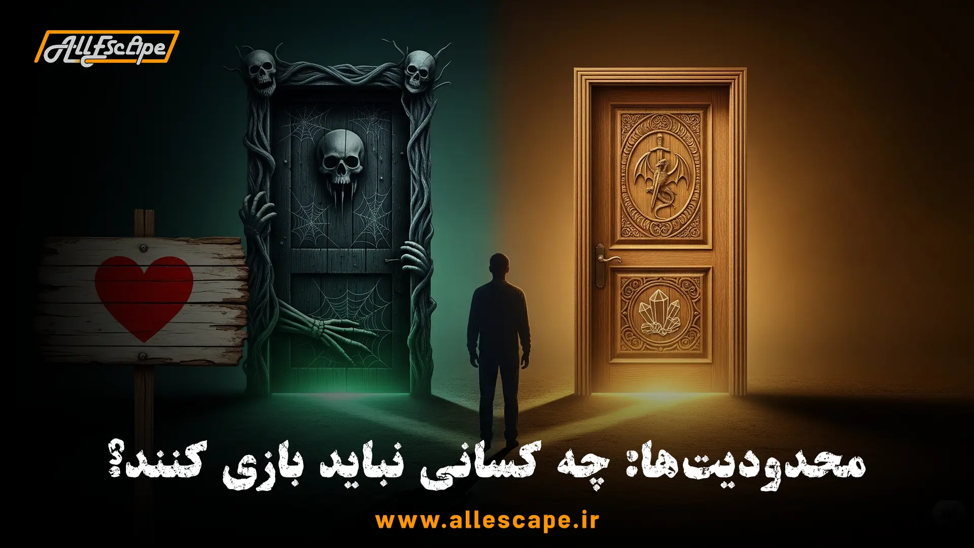 یک علامت هشدار در مقابل در یک اتاق فرار ترسناک که محدودیتهای بازی را نشان میدهد.