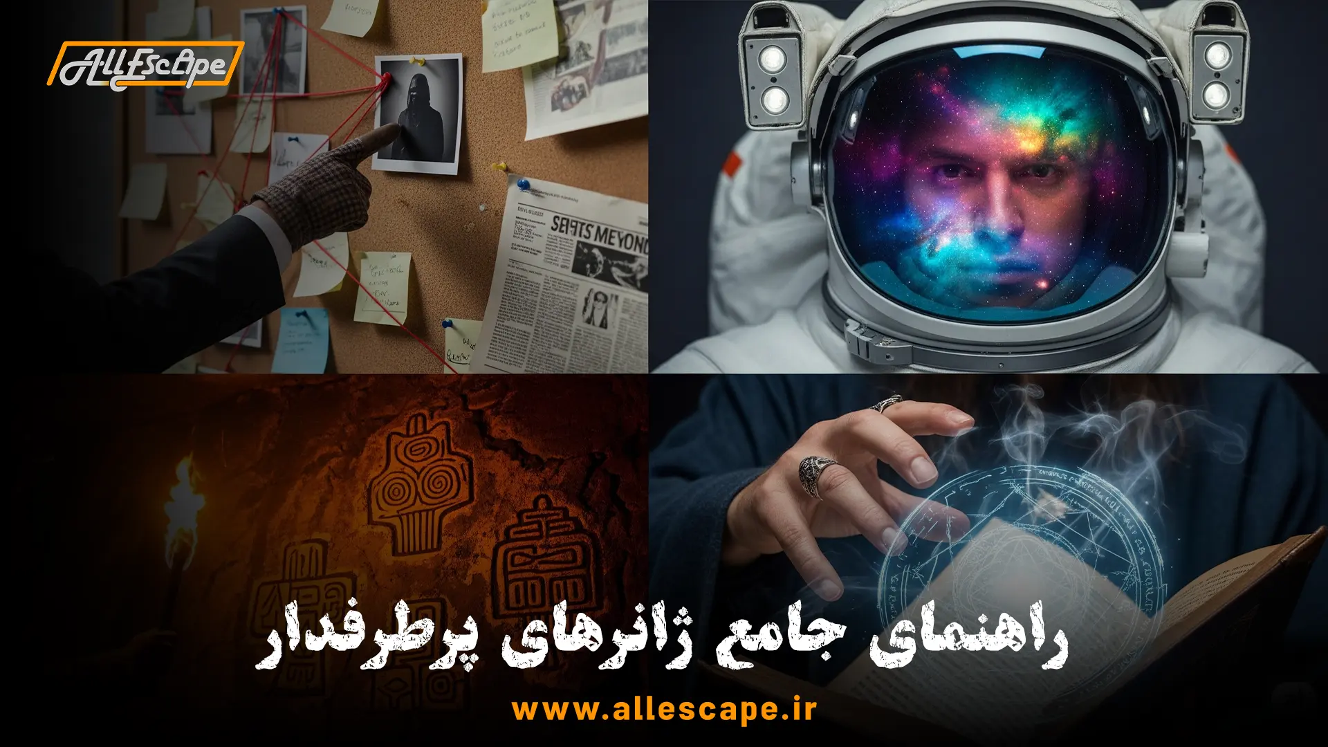 معرفی انواع ژانرهای اتاق فرار شامل کارآگاهی، علمی-تخیلی، ماجراجویی و فانتزی.