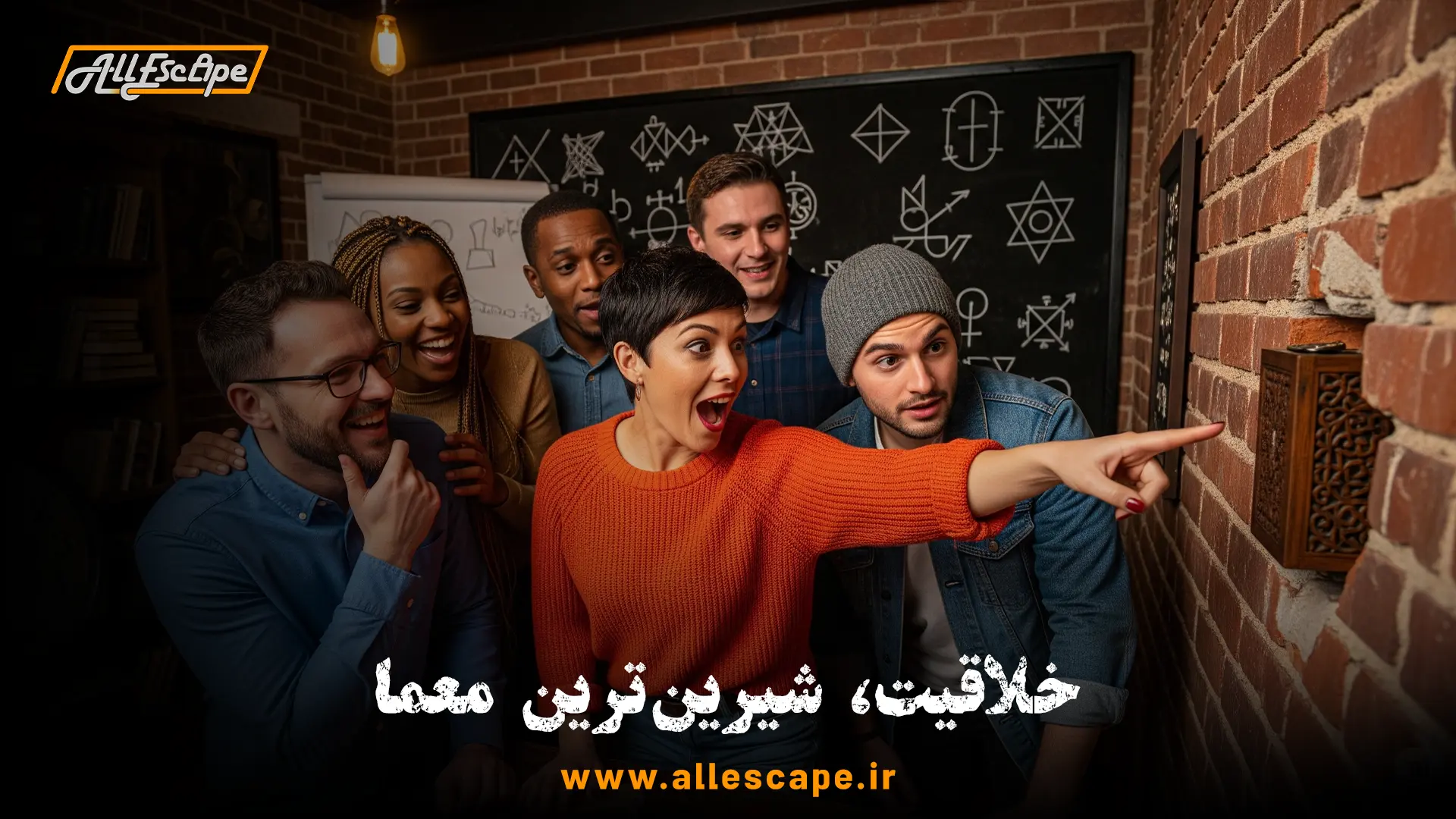 گروهی از افراد هیجان‌زده در حال حل معما به عنوان بخشی از یک رویداد در اتاق فرار