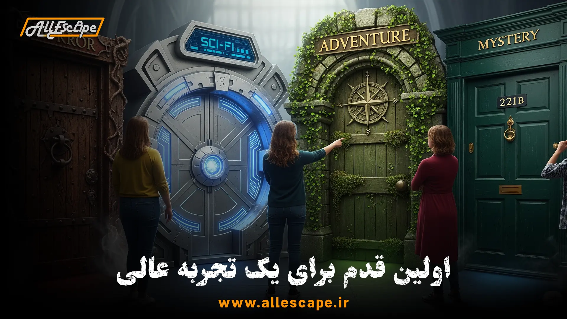 اهمیت انتخاب ژانر اتاق فرار که با چهار در ورودی با تم‌های مختلف نمایش داده شده است.