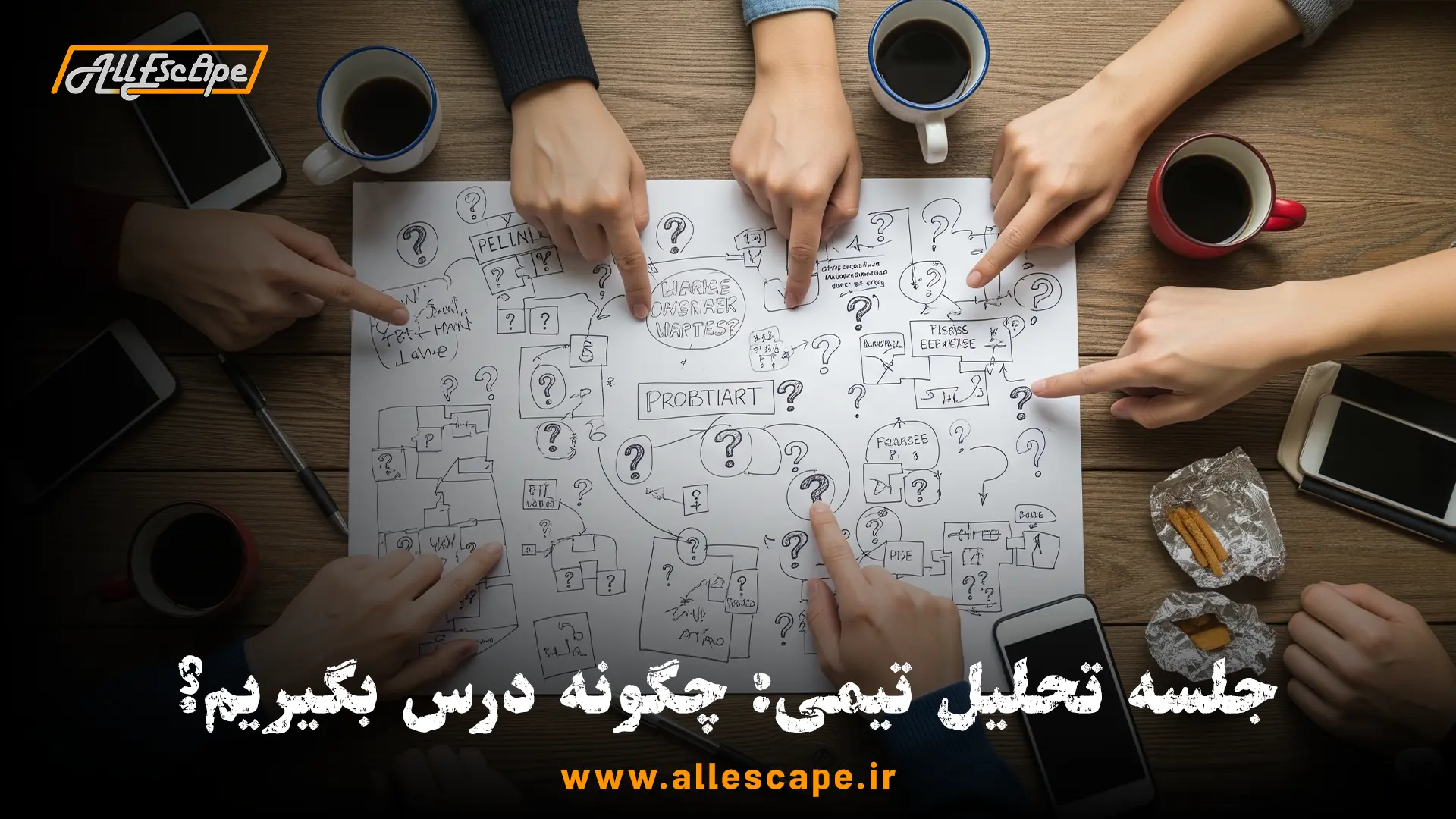 جلسه تحلیل تیمی اتاق فرار با یادداشت‌ها و سرنخ‌ها روی میز برای درس گرفتن از تجربه بازی.