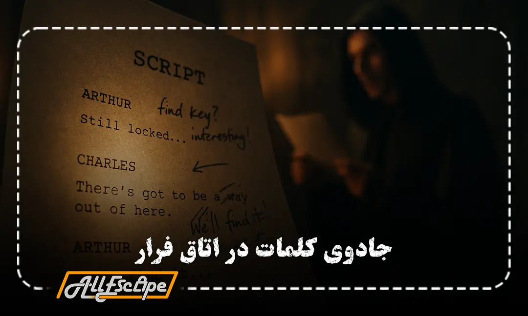 یک بازیگر در حال تمرین دیالوگ از روی یک متن درخشان، نمادی از دیالوگ‌نویسی پیشرفته برای اکتور و گیم‌مستر اتاق فرار.