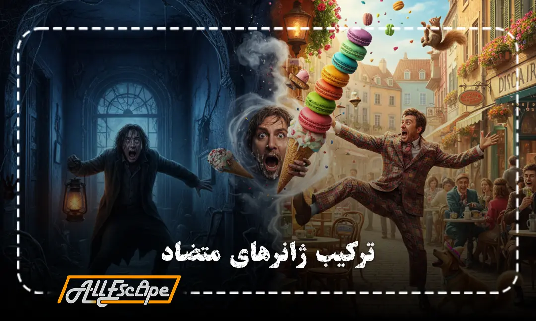 تحلیل ژانرهای ترکیبی در اتاق فرار، تصویری مفهومی از ترکیب ژانر ترسناک و کمدی.