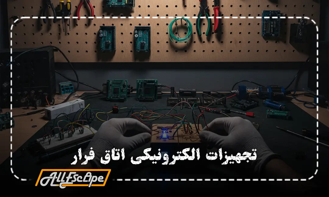 تجهیزات الکترونیکی اتاق فرار شامل سنسور، برد کنترلی و قفل مگنتی روی میز کار فنی