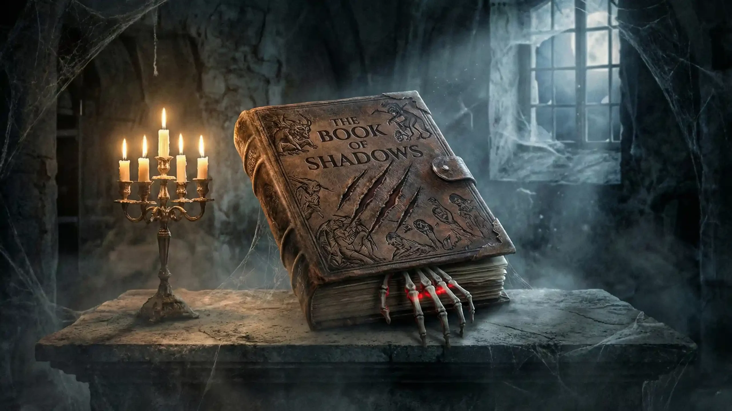 سناریو اتاق فرار 3 تصویر عریض و ترسناک از یک کتاب چرمی ضخیم و قدیمی با عنوان انگلیسی «The Book of Shadows» که روی یک میز سنگی سرد قرار دارد. روی جلد کتاب رد خراشهای عمیق دیده میشود و یک دست اسکلتی وحشتناک با انگشتان استخوانی از لای صفحات بسته کتاب بیرون زده است. در سمت چپ، یک شمعدانی قدیمی با شمعهای روشن قرار دارد و محیط اطراف، اتاقی متروکه، پر از تار عنکبوت و مهآلود است که با نور سرد و آبی رنگ مهتاب از پنجرهای در پسزمینه روشن شده است.