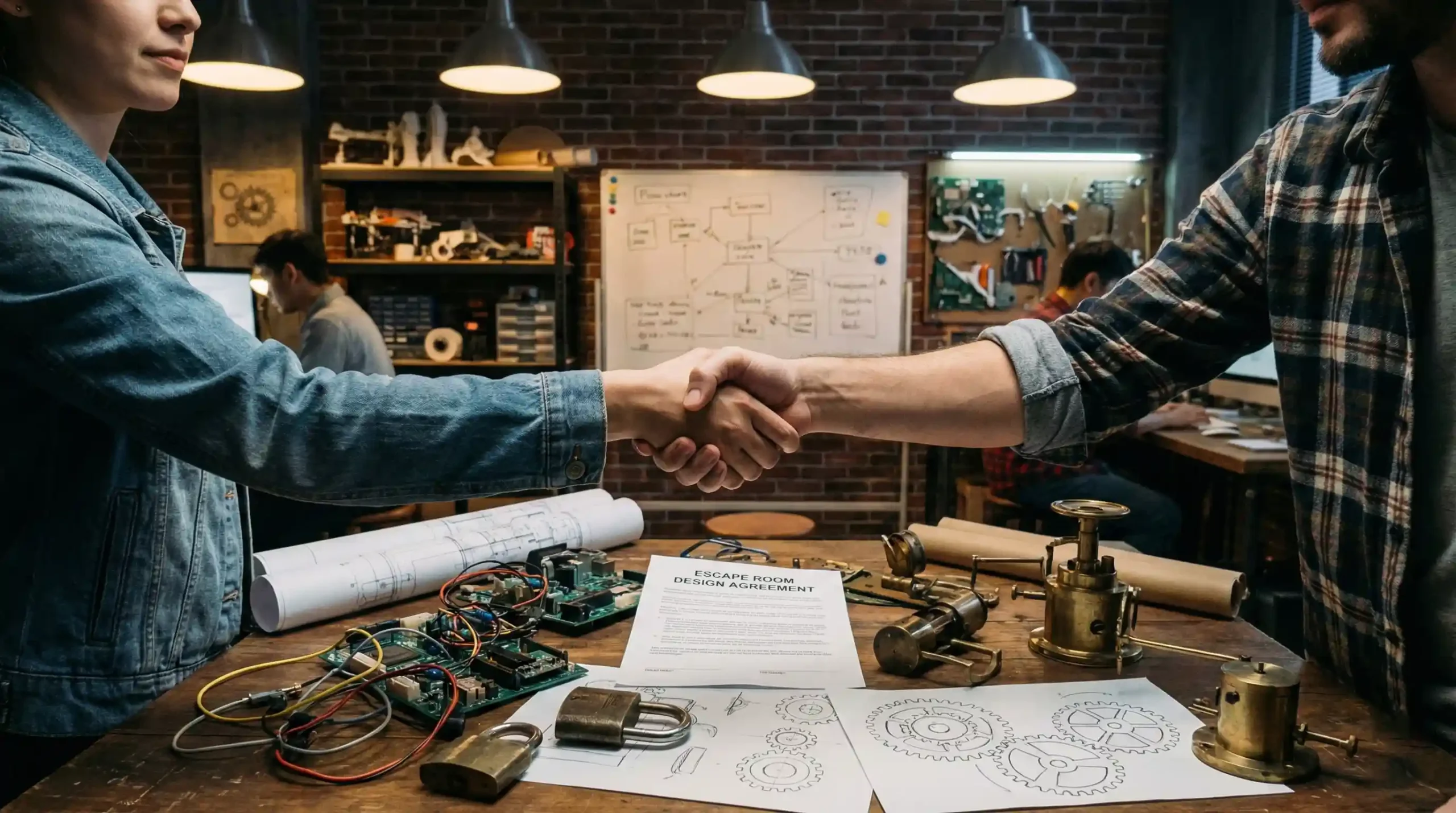 عقد قرارداد حرفه‌ای طراحی و ساخت اتاق فرار در کارگاه فنی و خلاق، همراه با نقشه‌ها و ابزار کار