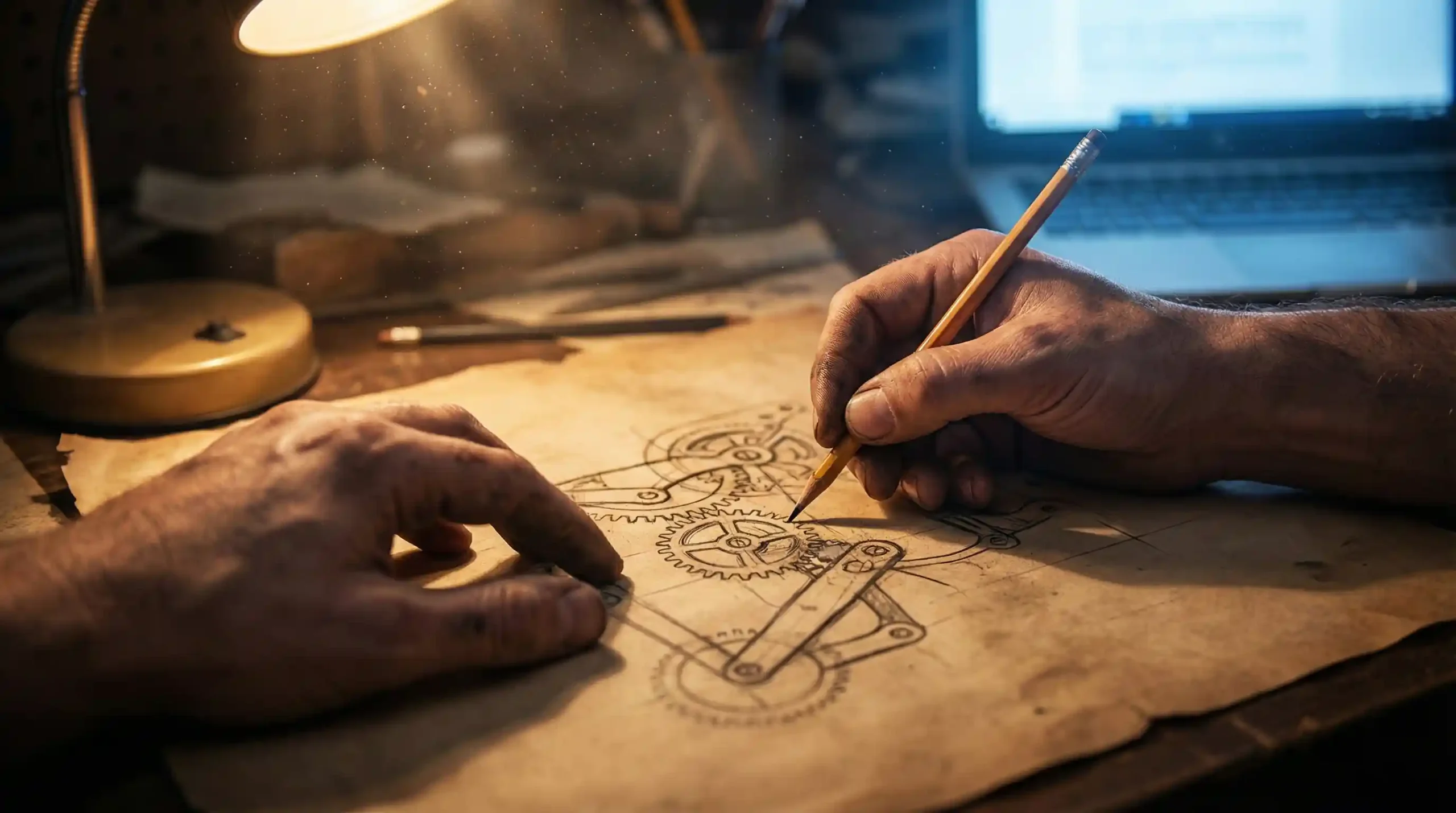 طراحی دستی و اسکیس زدن مکانیزم‌های خلاقانه و چرخ‌دنده‌های معماهای اتاق فرار روی کاغذ