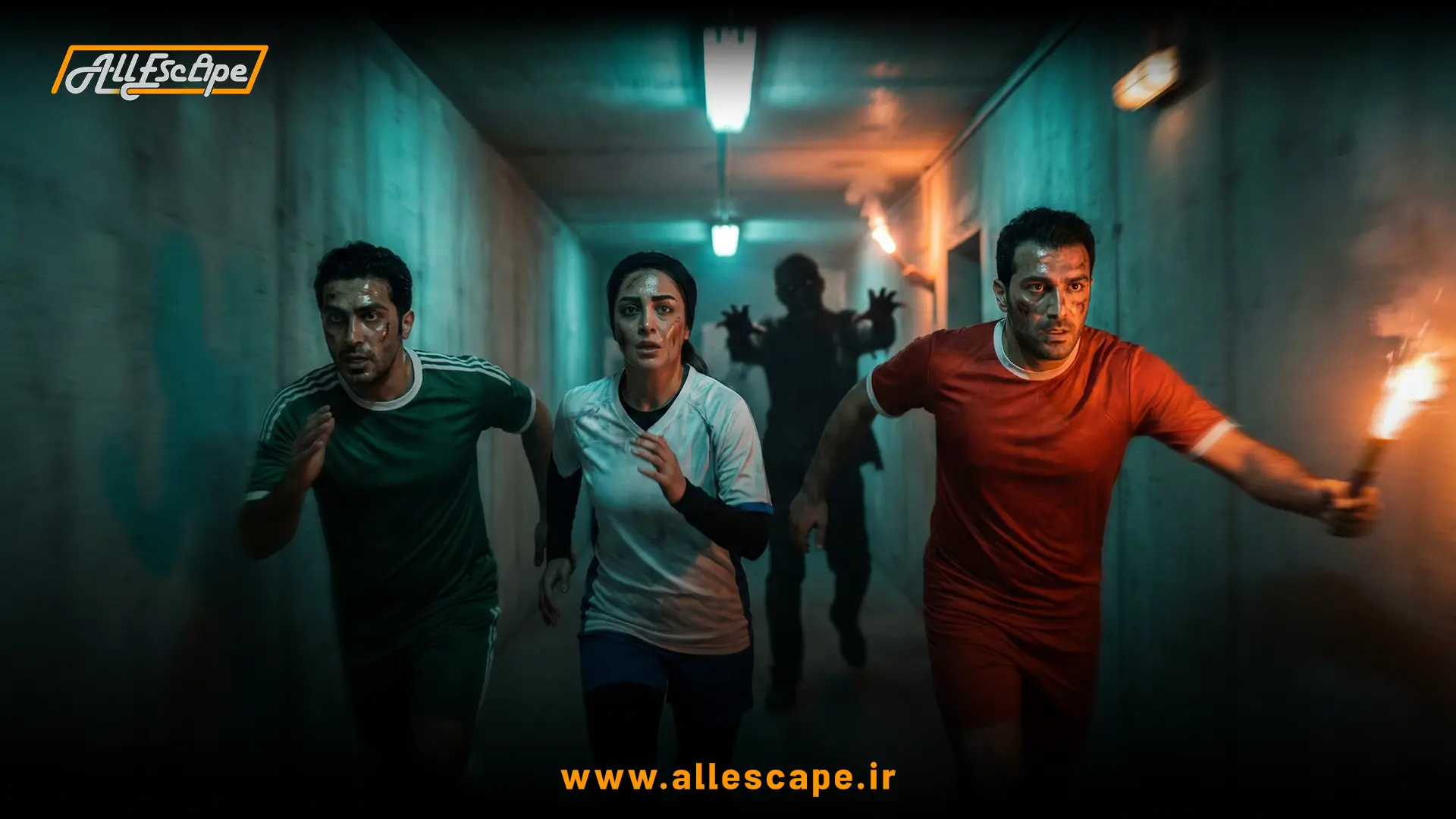 ژست اکشن و داستانی؛ بازیکنان ایرانی در حال فرار نمایشی از دست یک زامبی در راهرو.