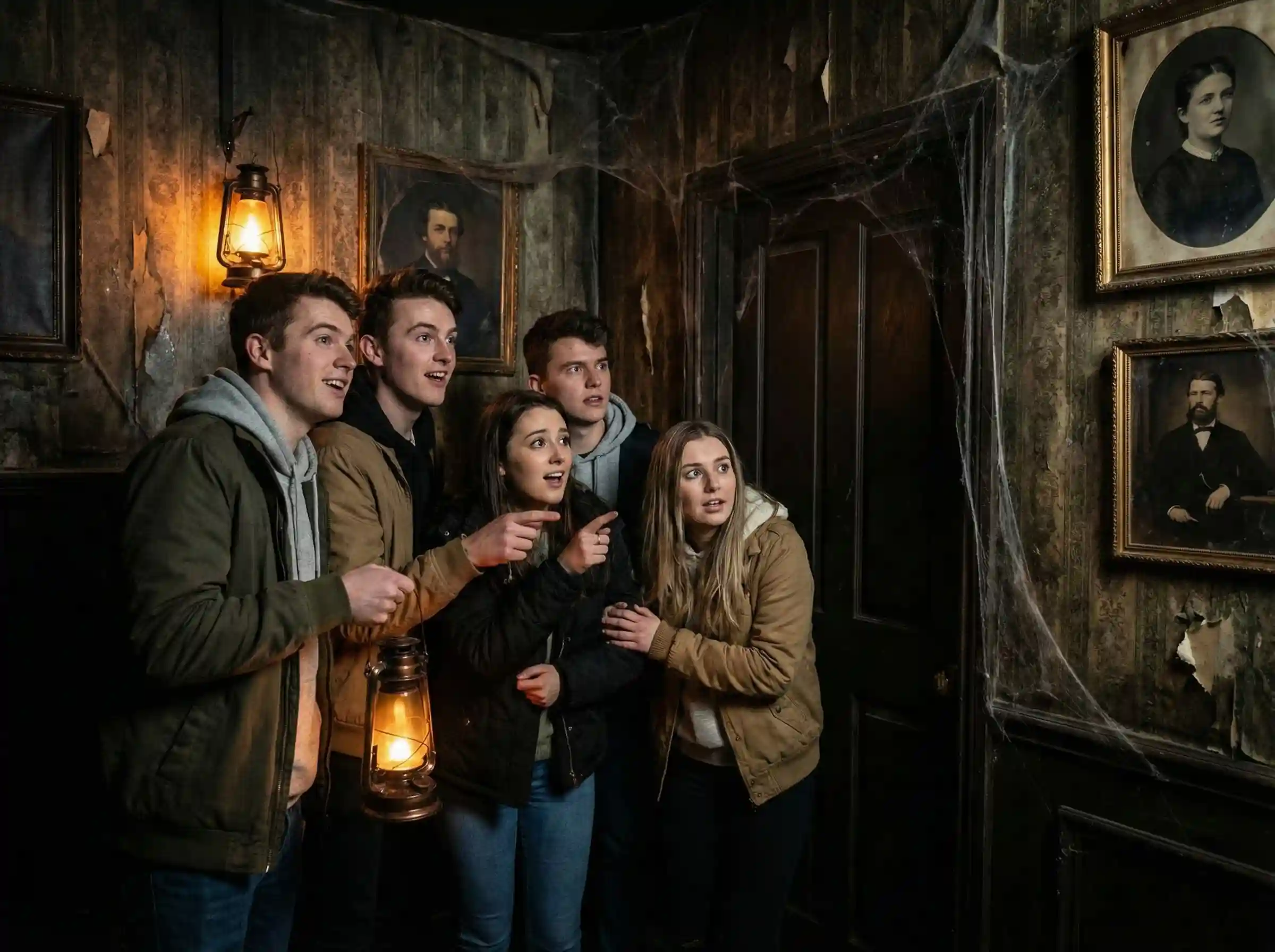 عکس اتاق فرار 1 ک گروه دوستانه از دختران و پسران ایرانی در حال گرفتن ژست عکاسی هیجانانگیز و ترسیده داخل دکور یک اتاق فرار مرموز؛ ایده برای عکس تیمی بعد از بازی.