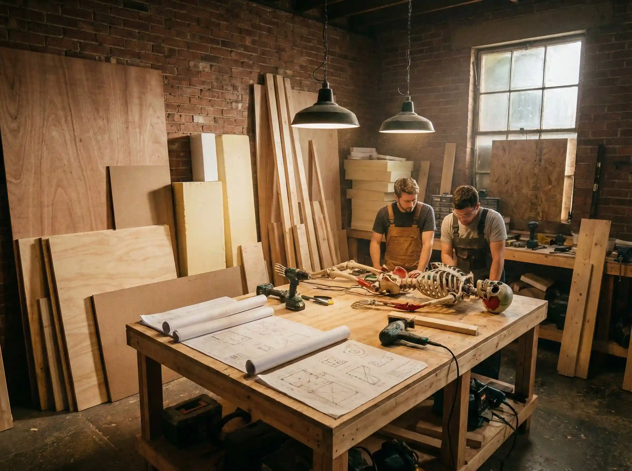 عکس اتاق فرار 4 عکسی واقعی از پشت صحنه کارگاه ساخت و طراحی دکور اتاق فرار، شامل ابزارها، متریالهای ساخت و نقشههای فنی بازی.