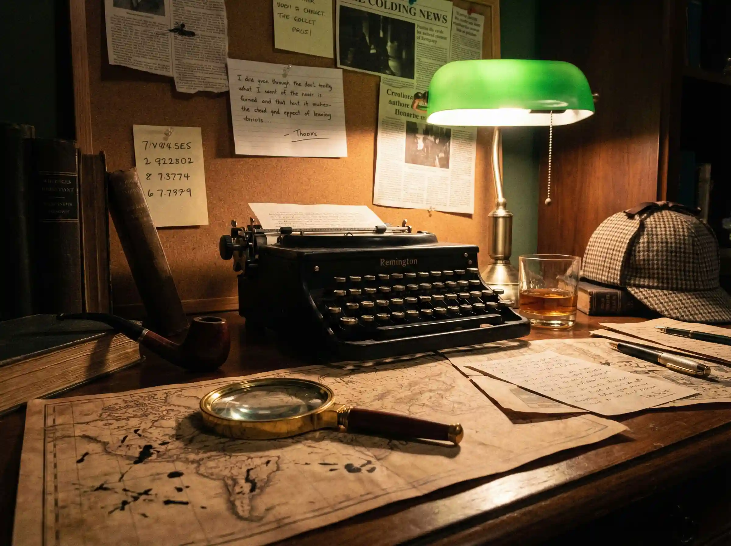 عکس اتاق فرار 3 تصویری از میز یک کارآگاه پر از نقشههای قدیمی، ذرهبین، ماشین تایپ و سرنخهای مرموز در یک اتاق فرار با تم معمایی و کلاسیک.