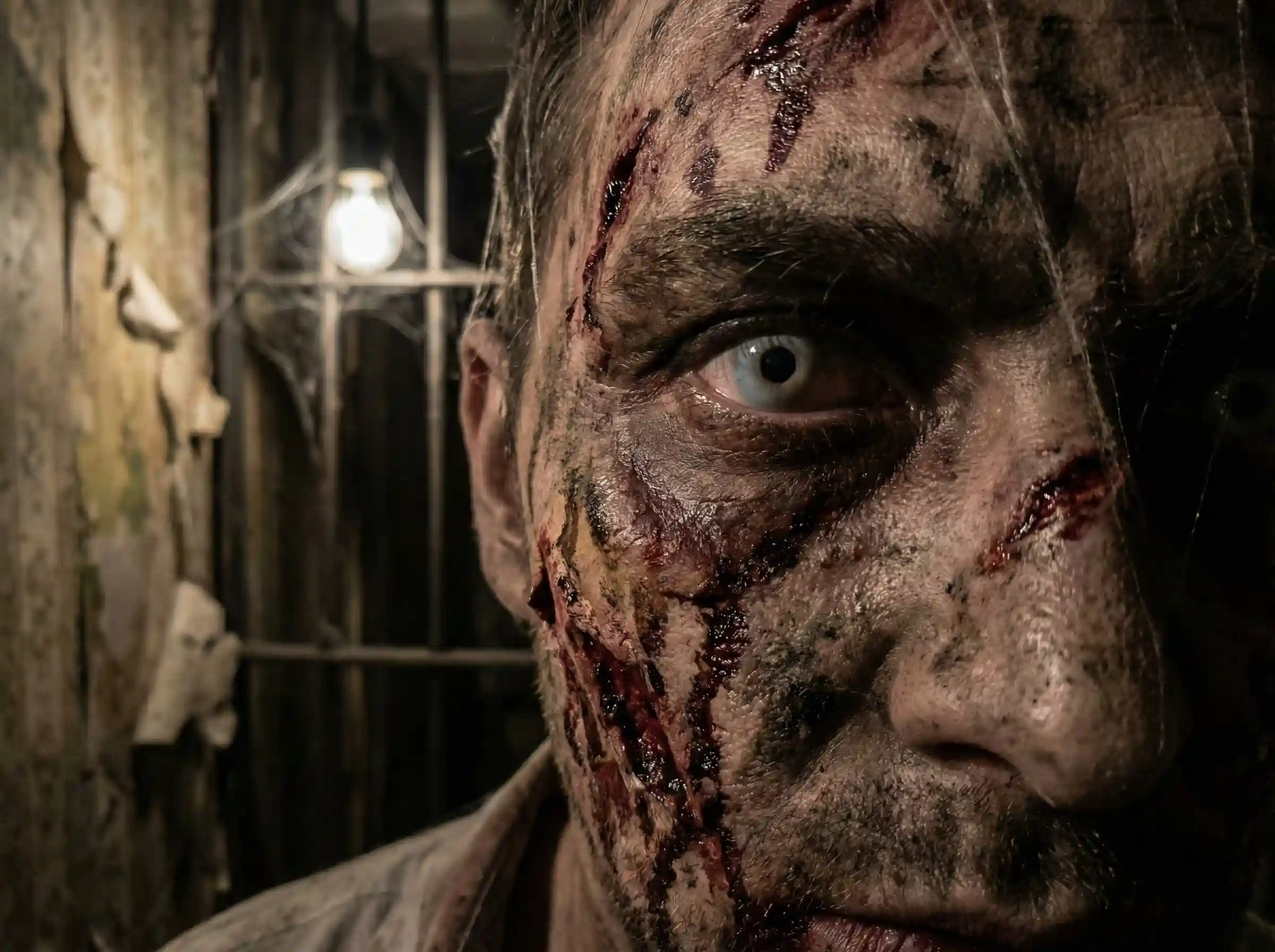عکس اتاق فرار 2 نمای نزدیک و باکیفیت از گریم حرفهای و ترسناک زامبی روی صورت اکتور اتاق فرار با نورپردازی دلهرهآور؛ مناسب برای ایده دکور و اکت بازیهای ژانر وحشت.