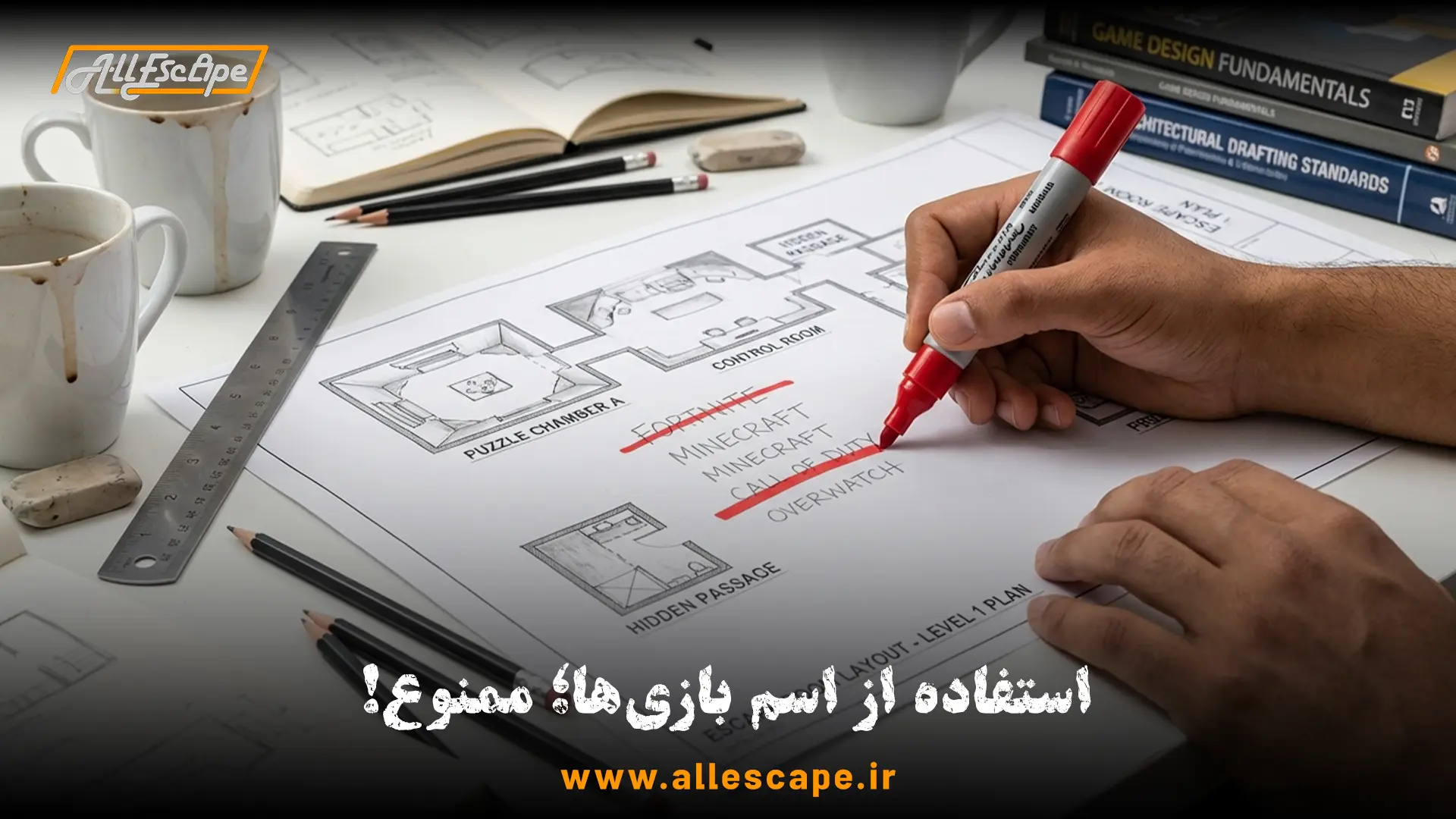 کلوزآپ از دستان یک طراح در حال خط زدن نام‌های تجاری معروف بازی‌های ویدیویی از روی نقشه ساخت اتاق فرار.