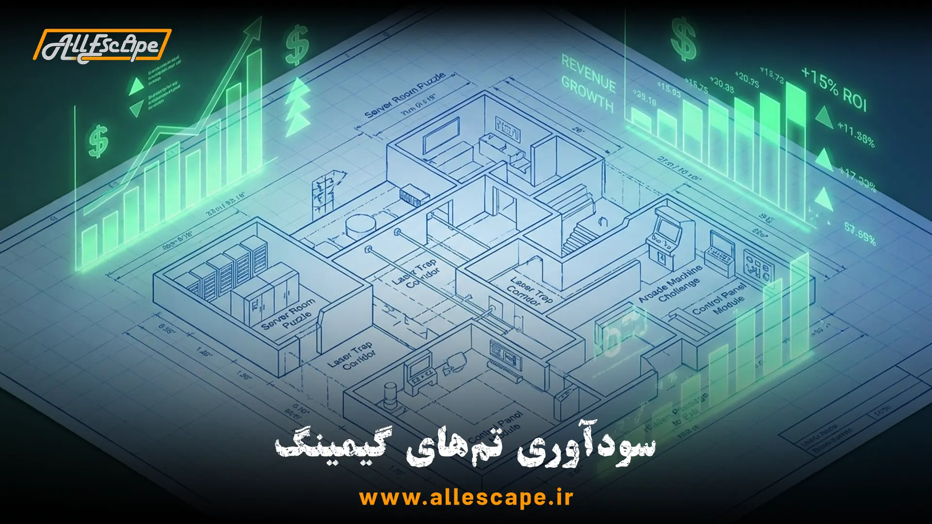 نقشه معماری و نمودار سودآوری اتاق فرار با تم بازی