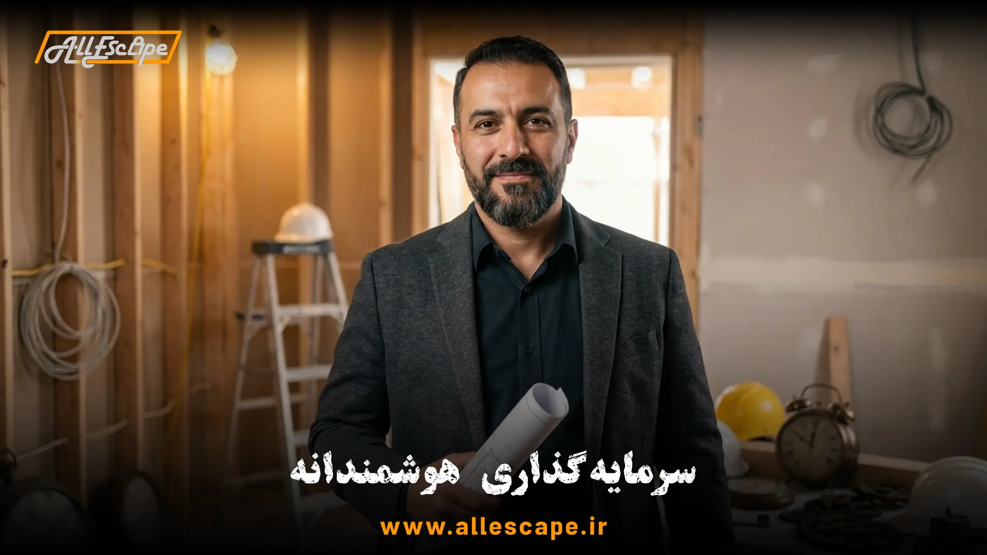 سرمایه‌گذار در حال بررسی نقشه ساخت اتاق فرار، نماد آینده‌نگری و سودآوری بلندمدت این صنعت.