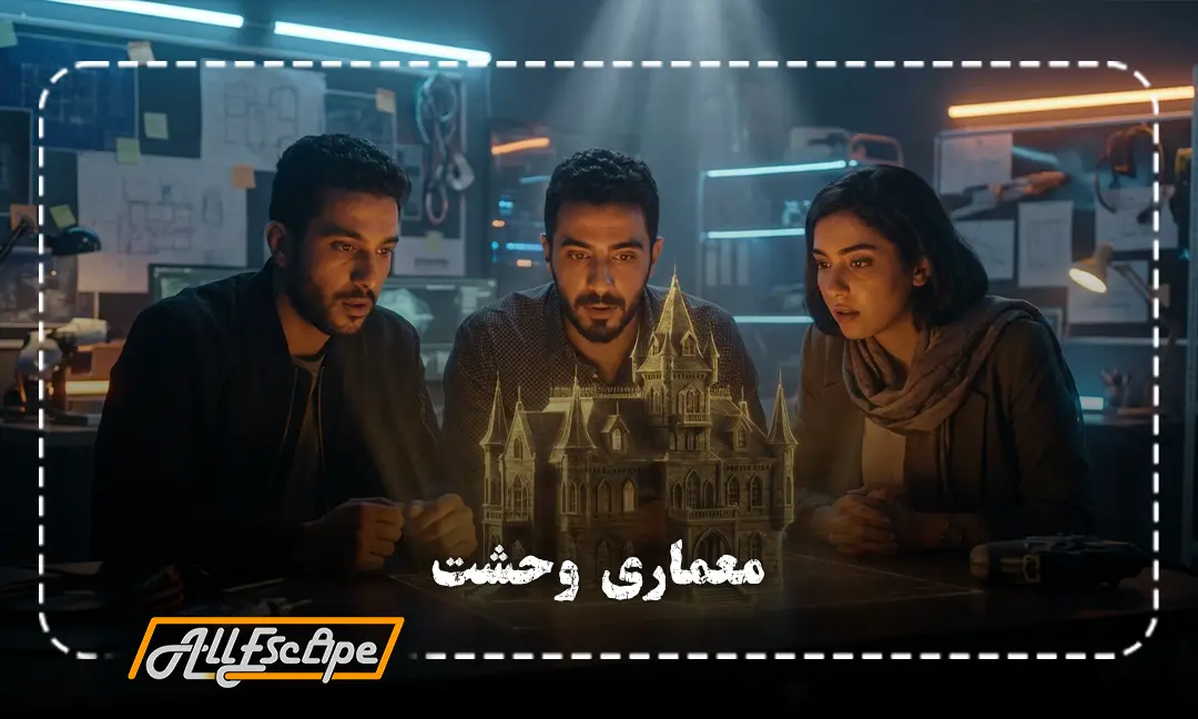 تیم طراحی ایرانی در یک کارگاه مدرن، در حال بررسی یک ماکت سه بعدی درخشان از عمارت وحشت برای ساخت اتاق فرار رزیدنت اویل.